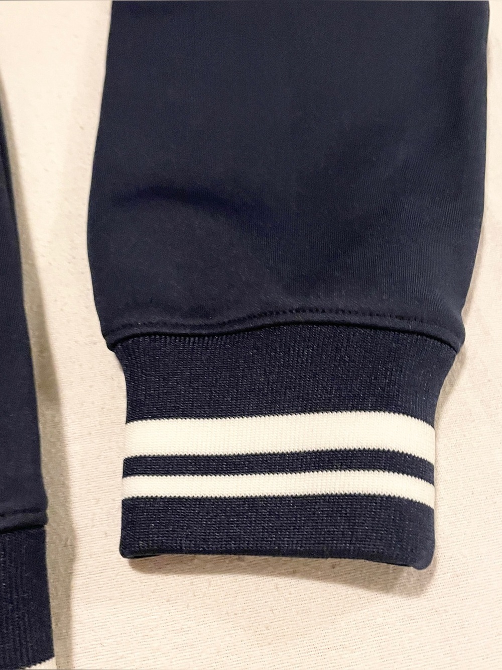 en THREAD Navy Blue Full Zip Track Jacket Sporty White Stripes Size Small Flaws - Picture 7 of 16